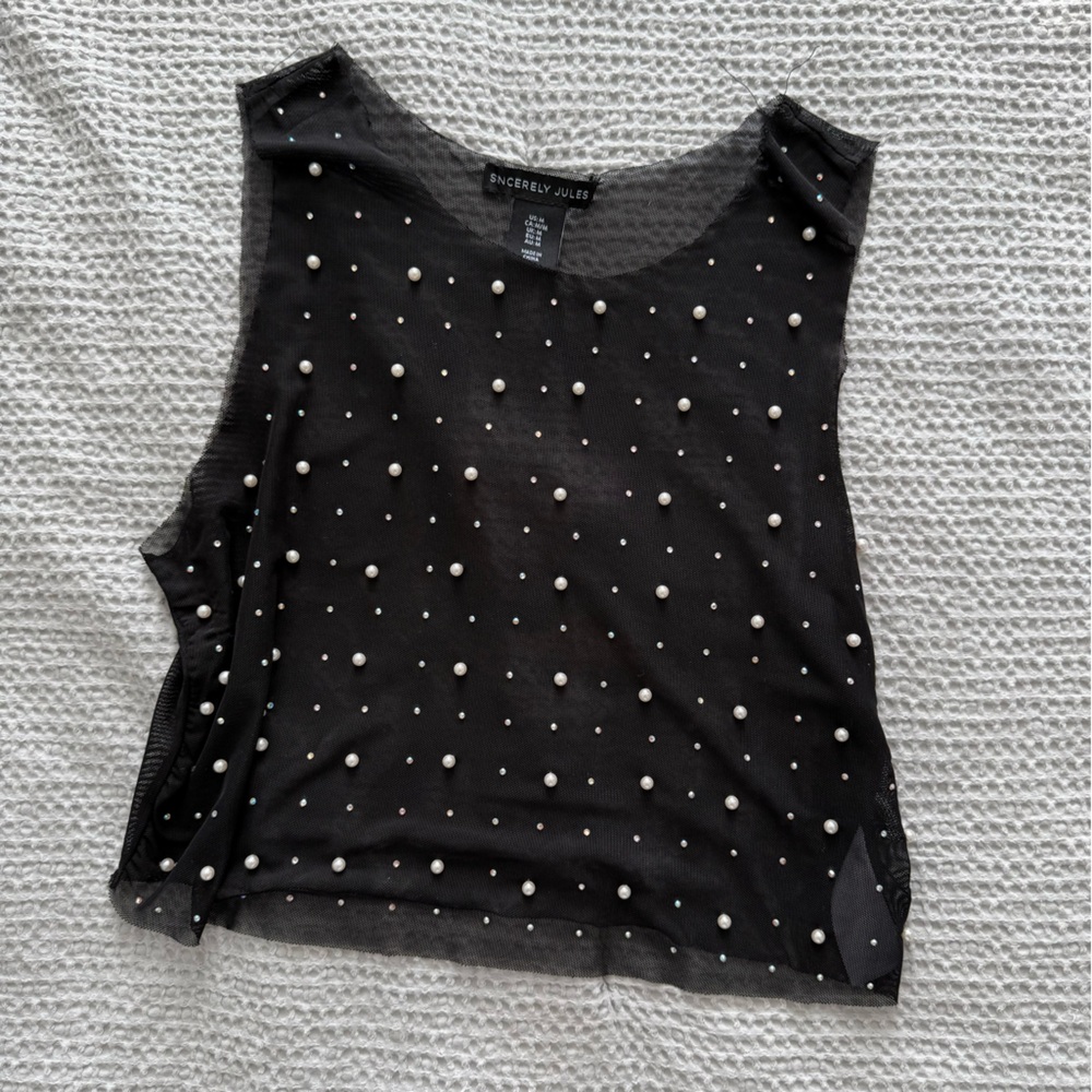 Sincerely Jules Black Sheer Top with Pearl and Iridescent Studs